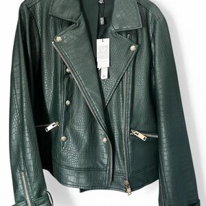 Catherine Malandrino Dark Green Croc-Embossed Moto Jacket